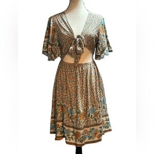SHEIN Boho Floral Dress Tie Front Short Sleeve Size Small